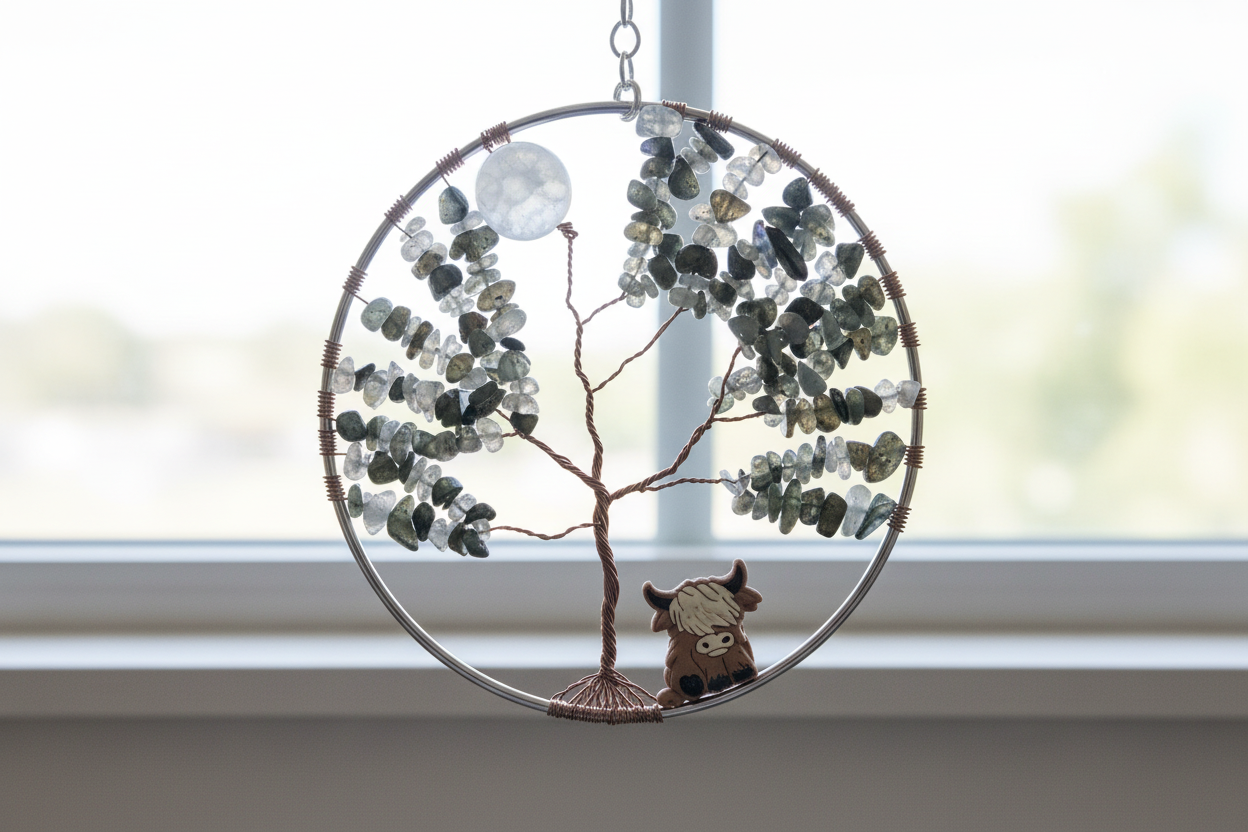 Labradorite, White Quartz,  Antique Brass and Silver Tree of Life With Hyland Cow - 5-Inch Wall/Window Hanging