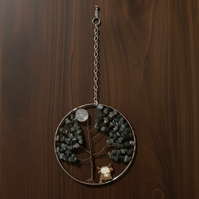 Labradorite, White Quartz,  Antique Brass and Silver Tree of Life With Hyland Cow - 5-Inch Wall/Window Hanging