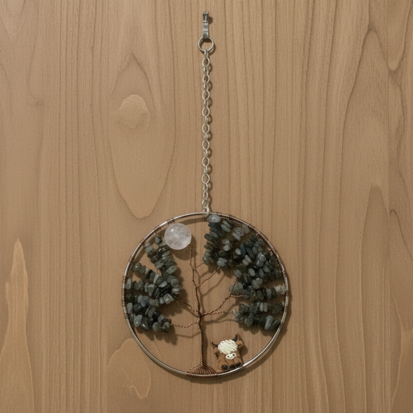 Labradorite, White Quartz,  Antique Brass and Silver Tree of Life With Hyland Cow - 5-Inch Wall/Window Hanging