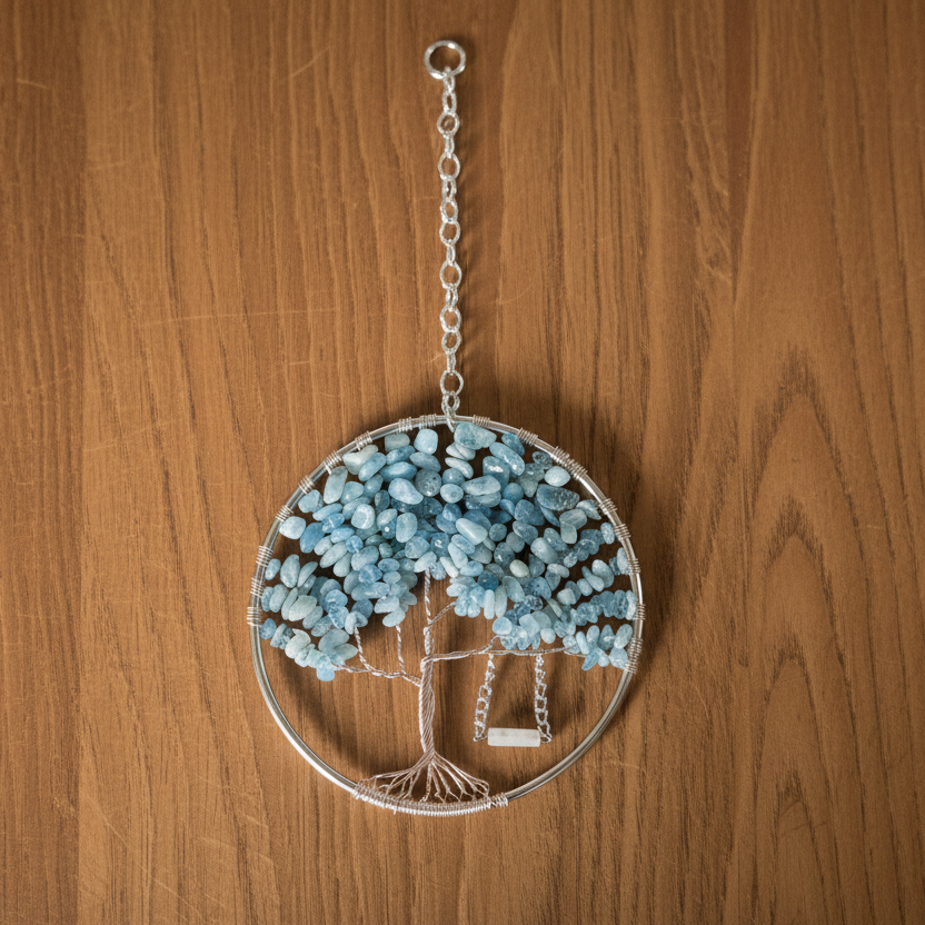 Aquamarine, Copper and Silver Tree of Life With Rose Quartz Swing- 4-Inch Wall/Window Hanging