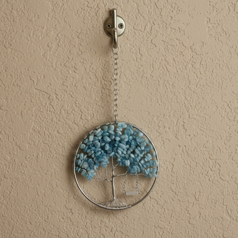 Aquamarine, Copper and Silver Tree of Life With Rose Quartz Swing- 4-Inch Wall/Window Hanging