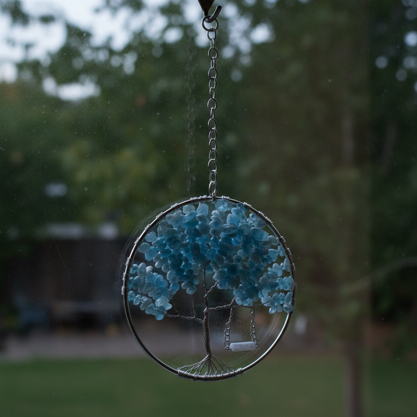 Aquamarine, Copper and Silver Tree of Life With Rose Quartz Swing- 4-Inch Wall/Window Hanging