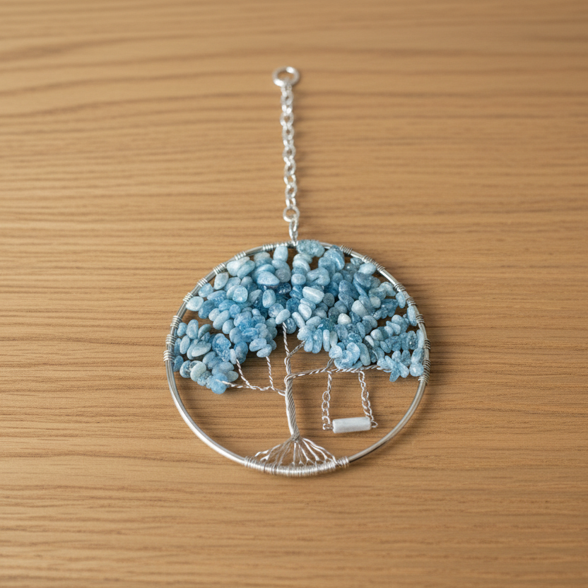 Aquamarine, Copper and Silver Tree of Life With Rose Quartz Swing- 4-Inch Wall/Window Hanging