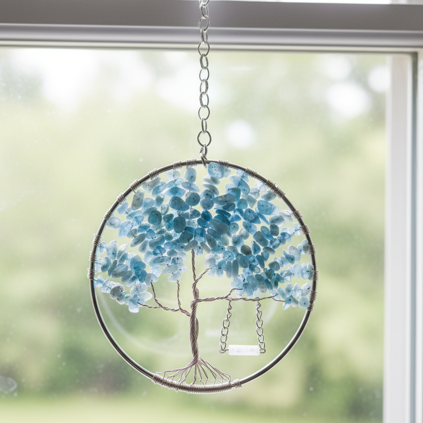 Aquamarine, Copper and Silver Tree of Life With Rose Quartz Swing- 4-Inch Wall/Window Hanging
