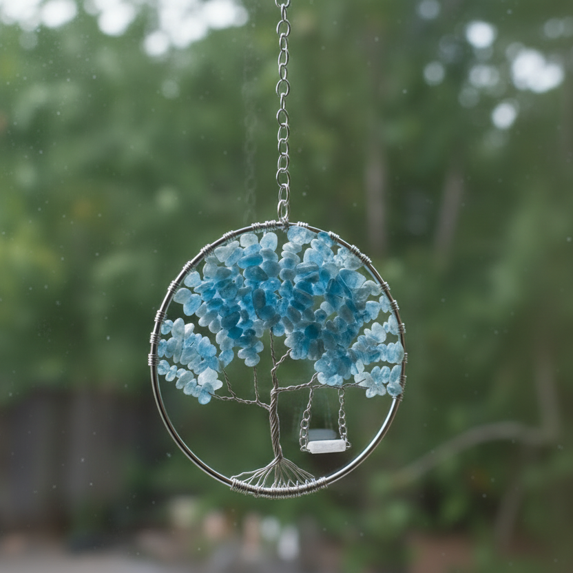 Aquamarine, Copper and Silver Tree of Life With Rose Quartz Swing- 4-Inch Wall/Window Hanging