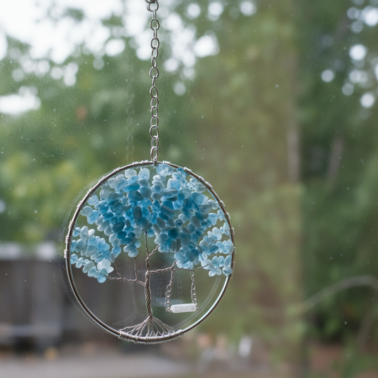 Aquamarine, Copper and Silver Tree of Life With Rose Quartz Swing- 4-Inch Wall/Window Hanging