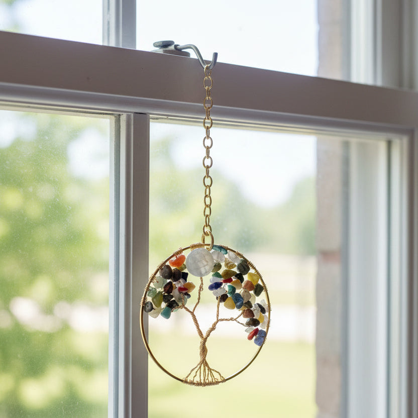 Mixed Gemstone Tree of Life – 3-inch Wall or Window Hanging (Repurposed Gold Bangle)