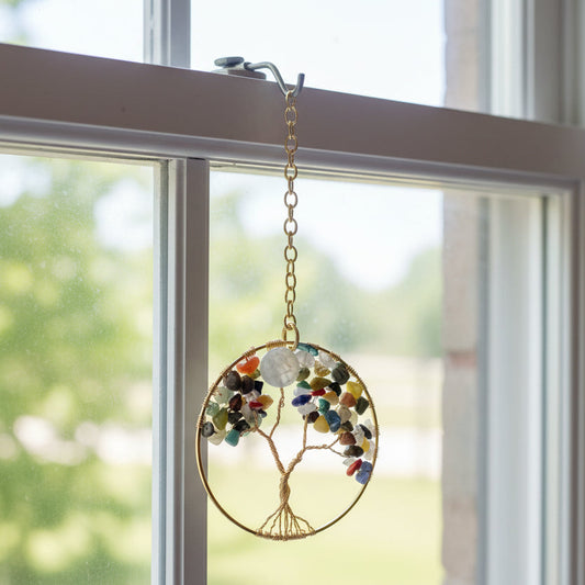 Mixed Gemstone Tree of Life – 3-inch Wall or Window Hanging (Repurposed Gold Bangle)