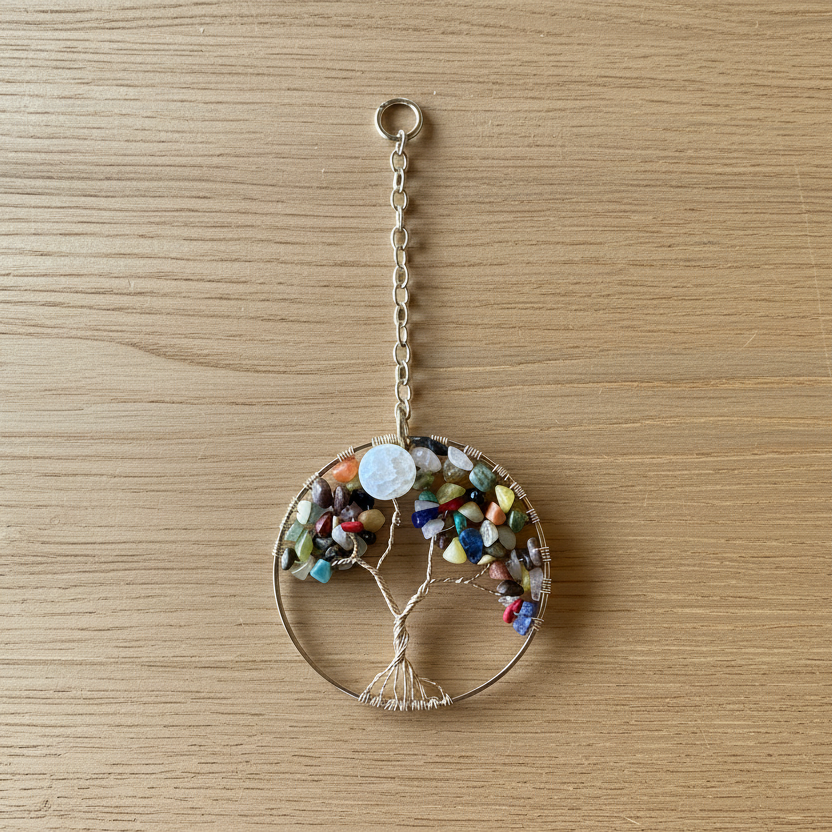 Mixed Gemstone Tree of Life – 3-inch Wall or Window Hanging (Repurposed Gold Bangle)