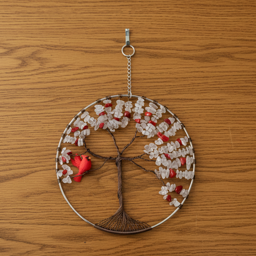 White Quartz, Red Coral, and Antique Brass Tree of Life  - 6-Inch Window/Wall Hanging