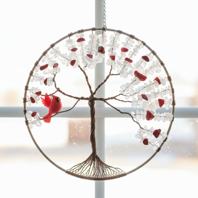 White Quartz, Red Coral, and Antique Brass Tree of Life  - 6-Inch Window/Wall Hanging