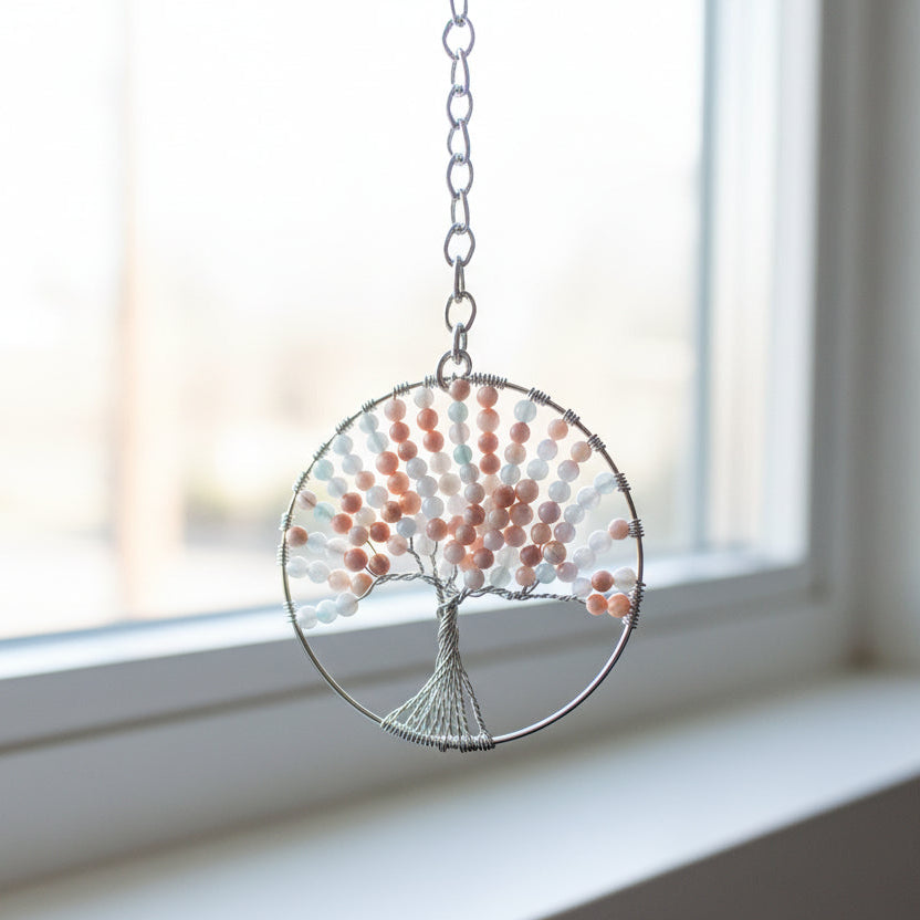 Pink Mother of Pearl, Bamboo & Silver Tree of Life Window/Wall Hanging – 3 Inch (Repurposed Bangle)