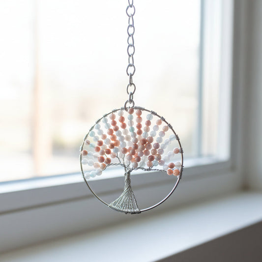 Pink Mother of Pearl, Bamboo & Silver Tree of Life Window/Wall Hanging – 3 Inch (Repurposed Bangle)