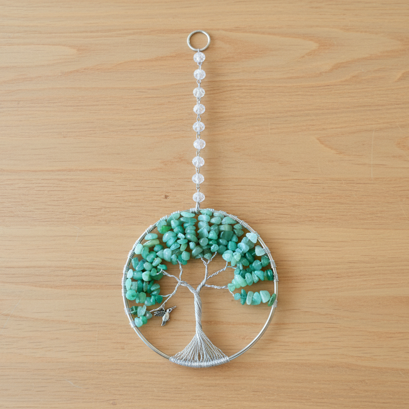 Green Aventurine & Silver Tree of Life with Hummingbird – 4-inch Wall or Window Hanging