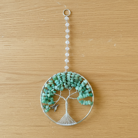 Green Aventurine & Silver Tree of Life with Hummingbird – 4-inch Wall or Window Hanging