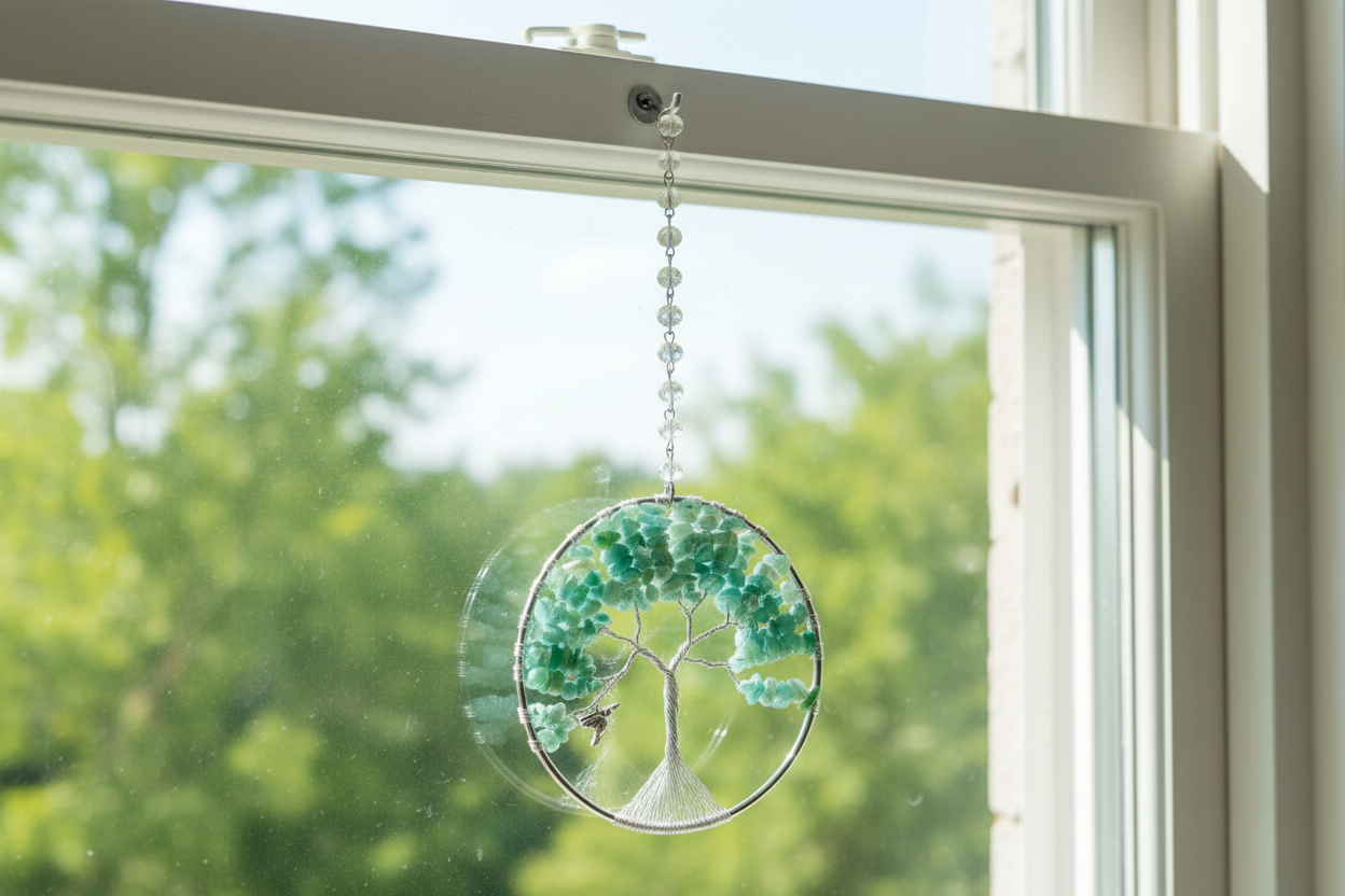 Green Aventurine & Silver Tree of Life with Hummingbird – 4-inch Wall or Window Hanging