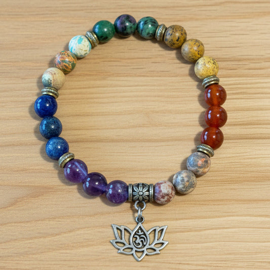Mixed Gemstone Bracelet With  Lotus and Om Symbol Charm
