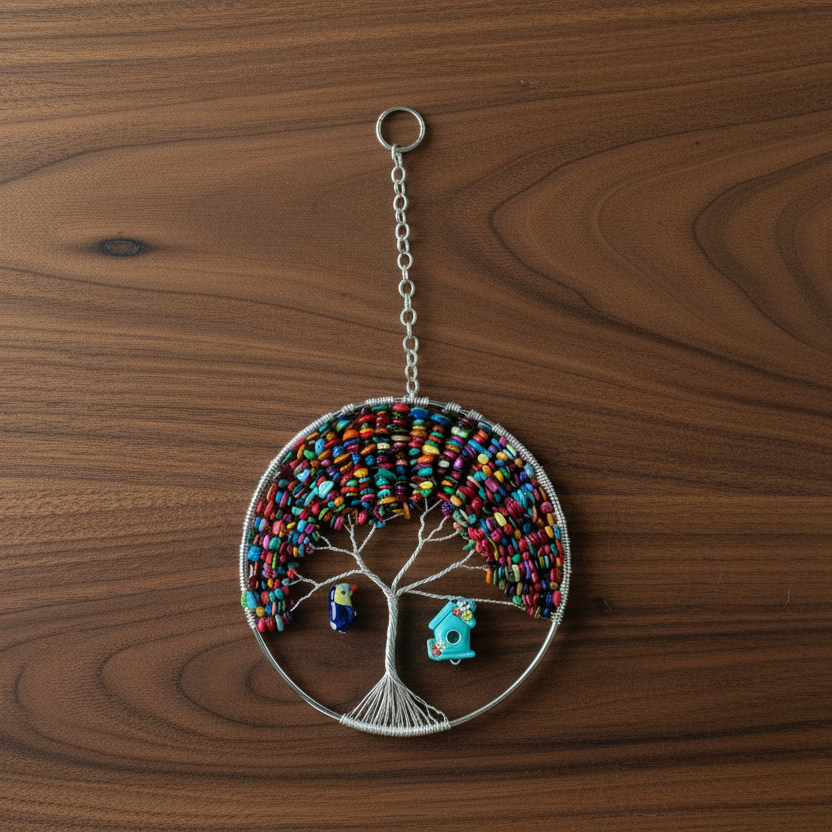 Dyed Shell Chip Bead Mix & Silver Tree of Life - 6-Inch Window/Wall Hanging