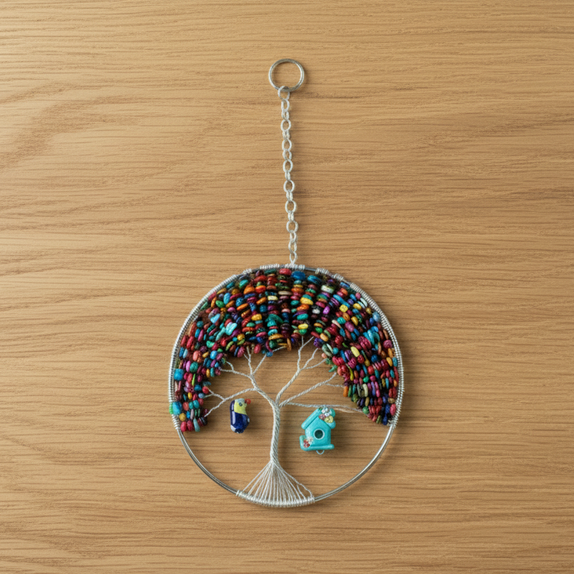 Dyed Shell Chip Bead Mix & Silver Tree of Life - 6-Inch Window/Wall Hanging