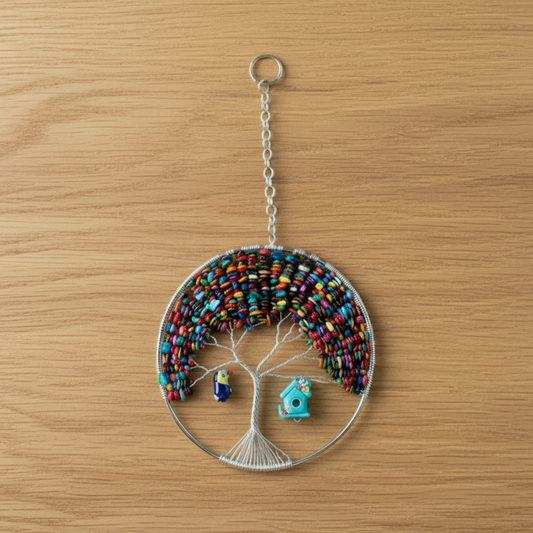 Dyed Shell Chip Bead Mix & Silver Tree of Life - 6-Inch Window/Wall Hanging