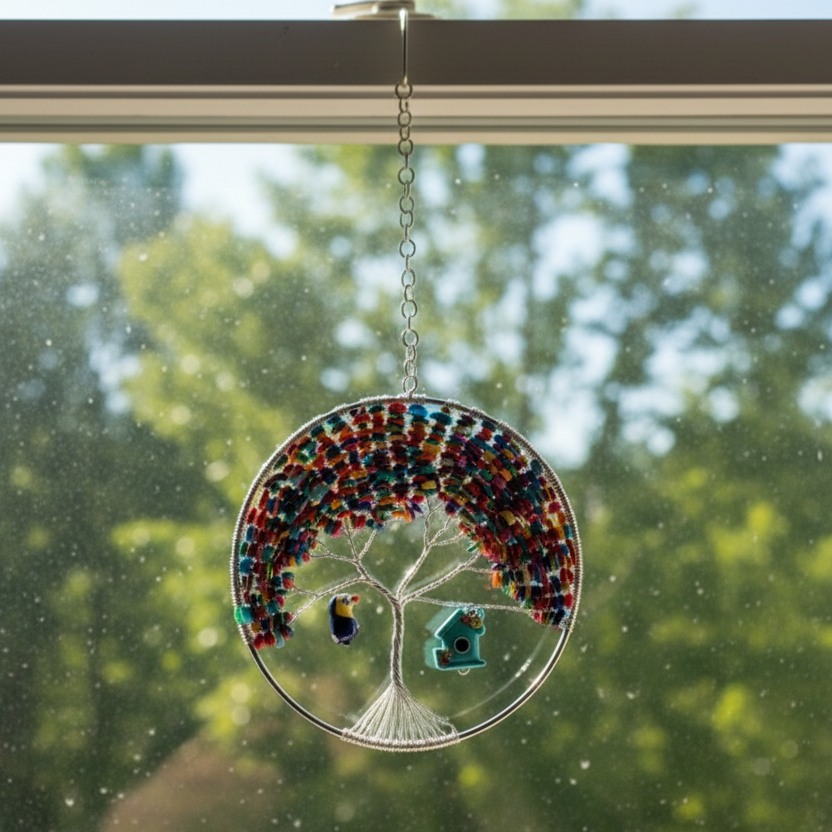 Dyed Shell Chip Bead Mix & Silver Tree of Life - 6-Inch Window/Wall Hanging