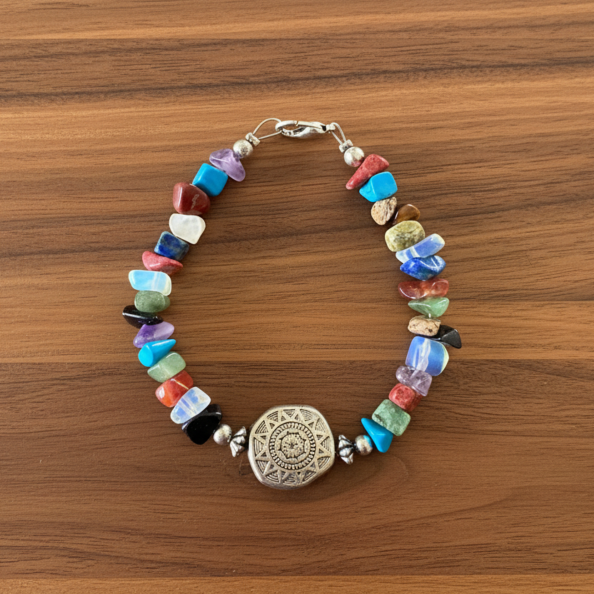 Mixed Gemstone Bracelet With  Silver Sun Disc Bead