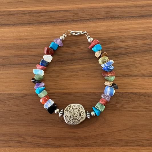 Mixed Gemstone Bracelet With  Silver Sun Disc Bead
