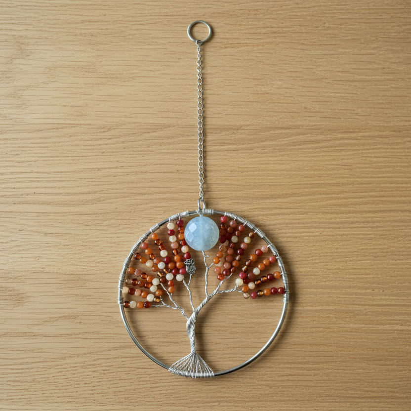 Carnelian, Orange Quartzite & White Quartz Tree of Life  – 4 Inch Window/Wall Hanging