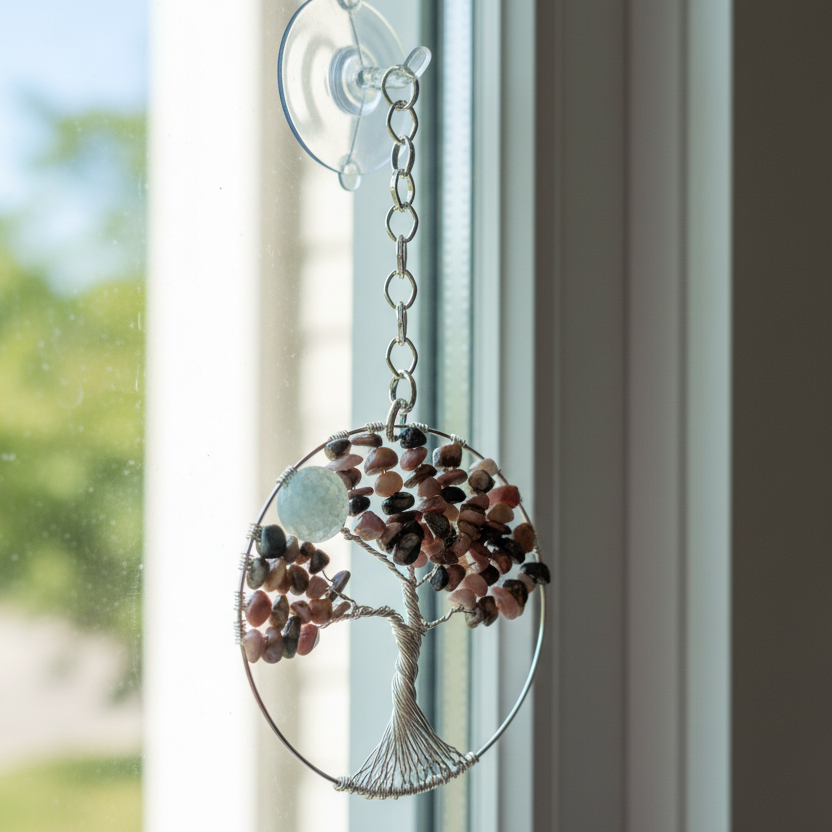 Rhodonite, Quartz & Silver Tree of Life – 3-Inch Wall or Window Hanging (Repurposed Silver Bangle Bracelet)