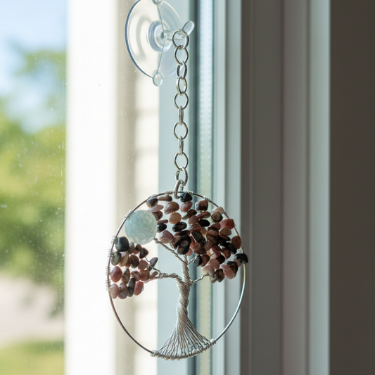 Rhodonite, Quartz & Silver Tree of Life – 3-Inch Wall or Window Hanging (Repurposed Silver Bangle Bracelet)