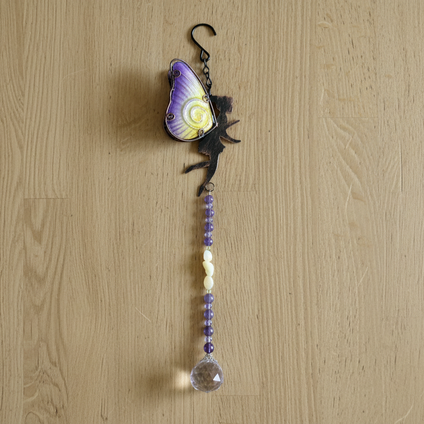 Repurposed Purple and Yellow Fairy Suncatcher with Amethyst and Citrine Natural Stones