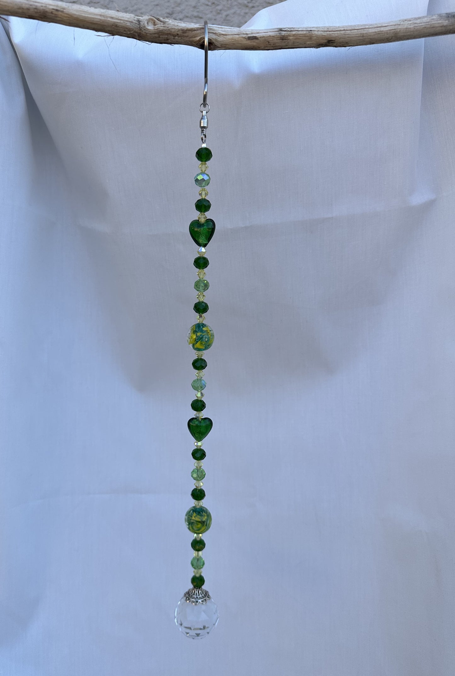 Green and Yellow Faceted Glass Suncatcher with Lampwork Glass Bead Accents