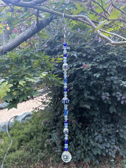 Royal Blue Metal Mix With Light Blue and Gray Glass Crystals Suncatcher