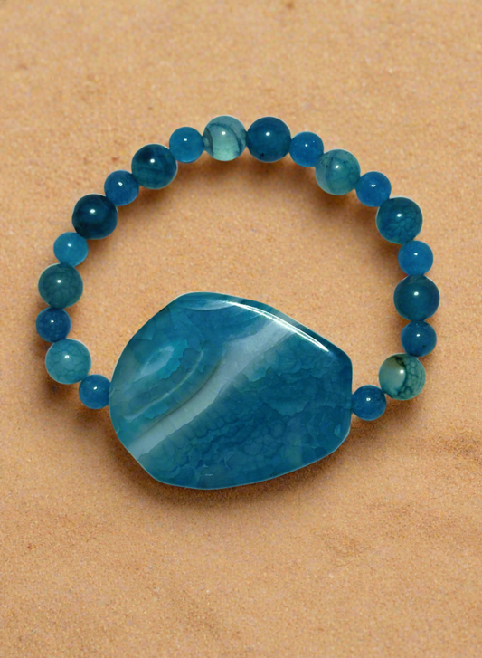 Striped Blue Agate Bracelet With 2-Inch Striped Blue Agate Center Stone Bracelet
