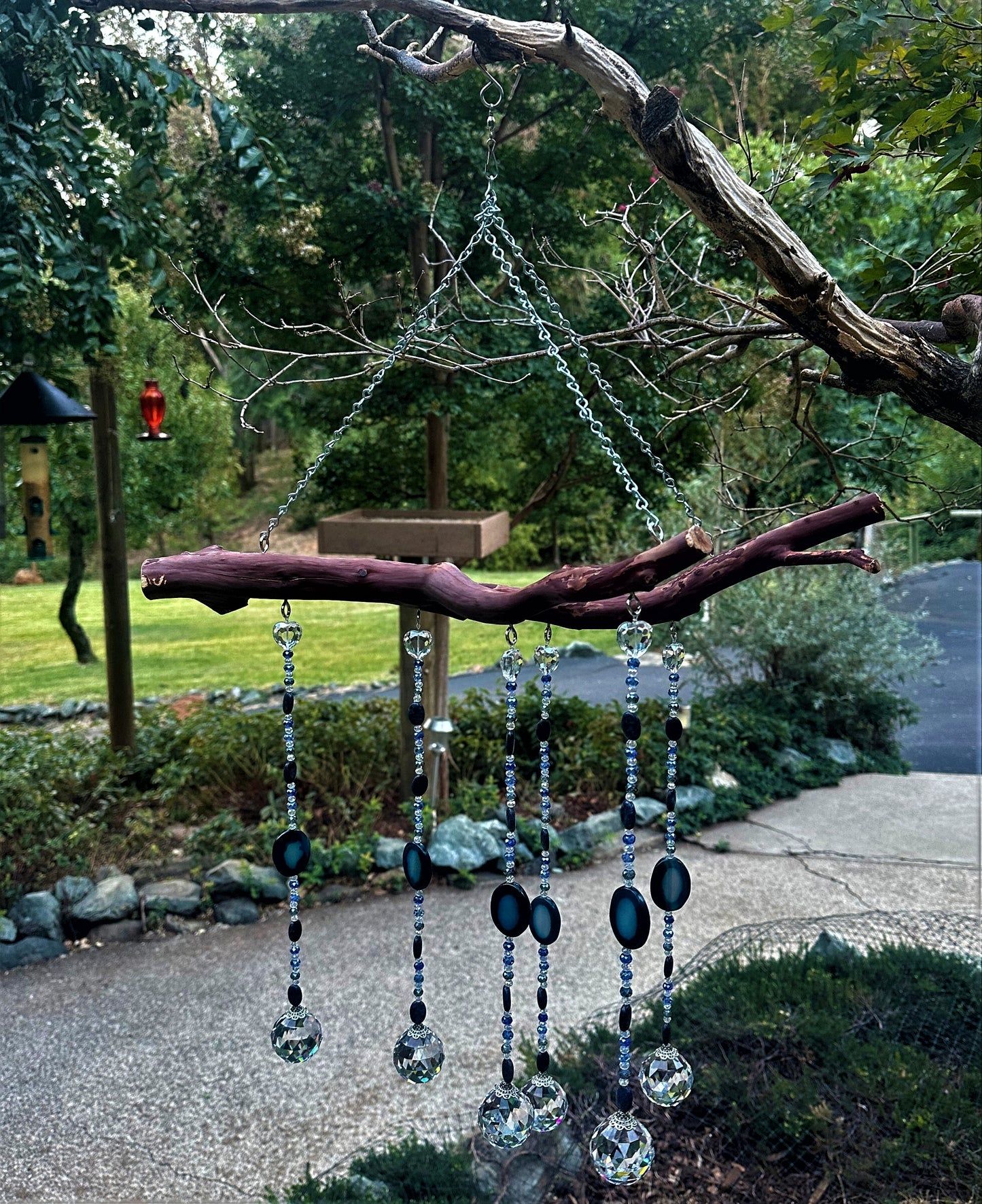 Six String Suncatcher Mobile on Manzanita Wood with Agate, Sodalite and Multi-Color Glass Crystal Beads