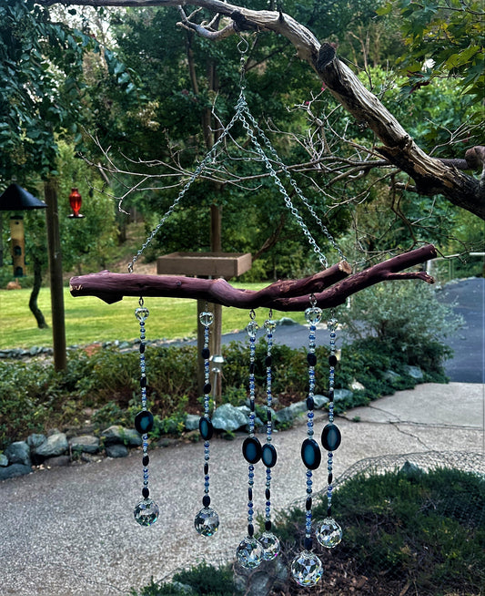 Six String Suncatcher Mobile on Manzanita Wood with Agate, Sodalite and Multi-Color Glass Crystal Beads