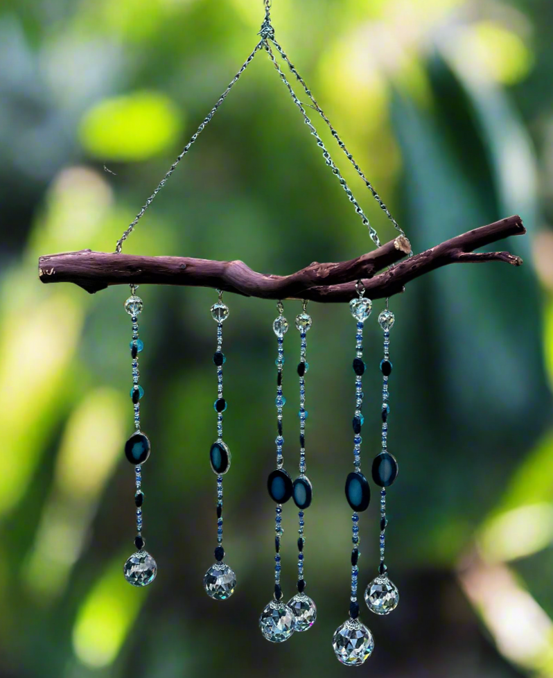 Six String Suncatcher Mobile on Manzanita Wood with Agate, Sodalite and Multi-Color Glass Crystal Beads