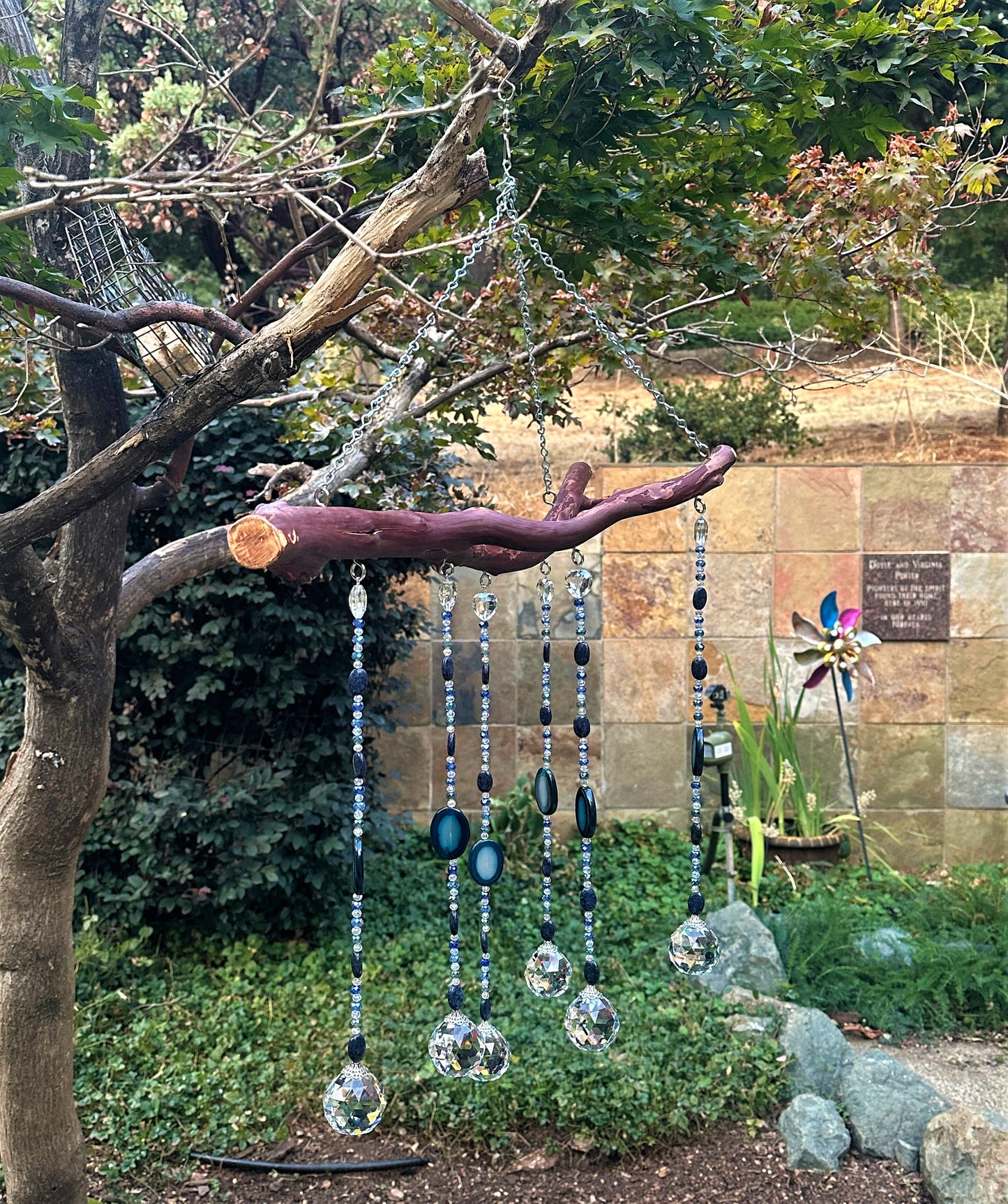 Six String Suncatcher Mobile on Manzanita Wood with Agate, Sodalite and Multi-Color Glass Crystal Beads