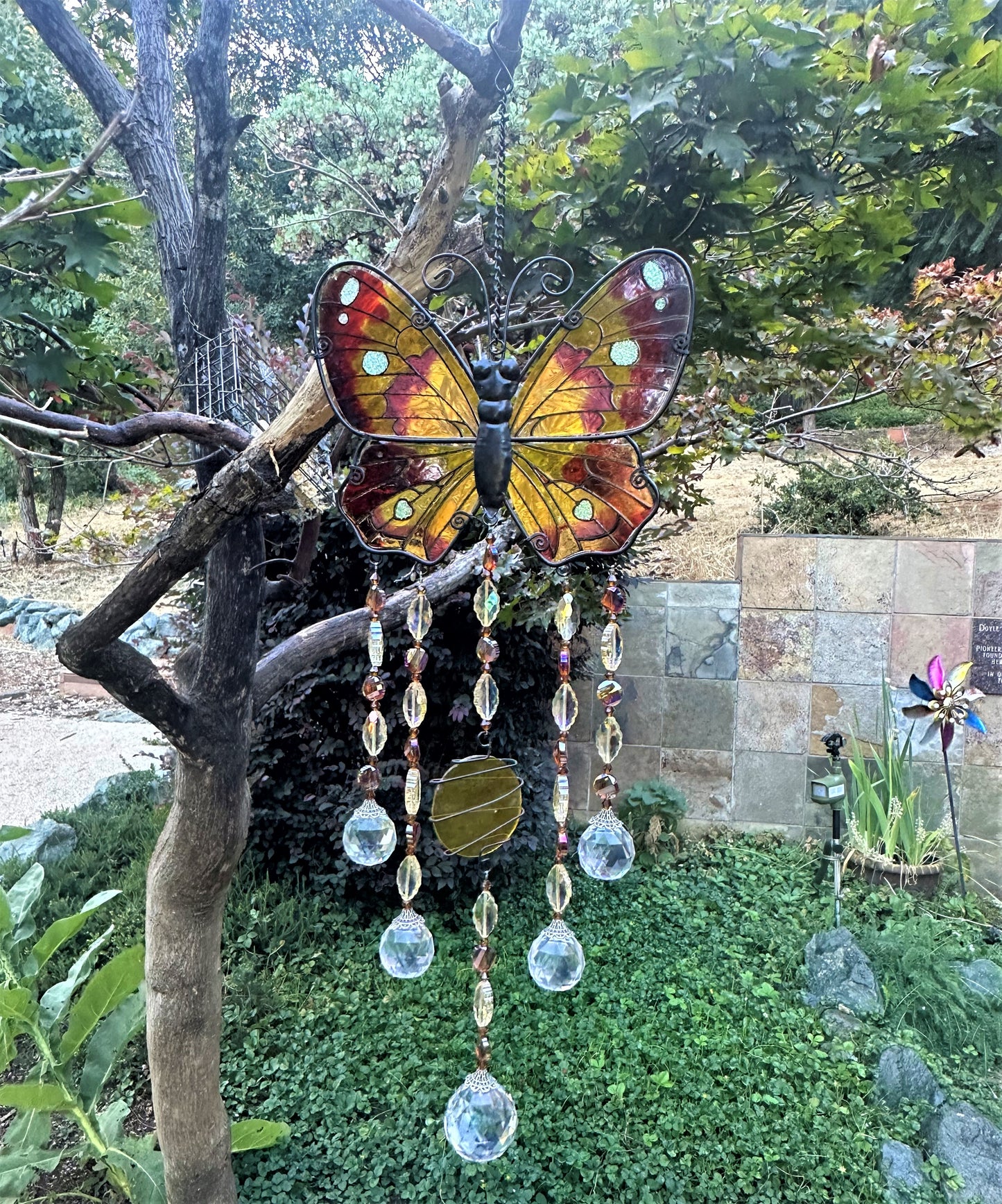 Topaz and Yellow Butterfly Suncatcher Mobile with Wire-Wrapped Centerpiece 🌞🦋✨