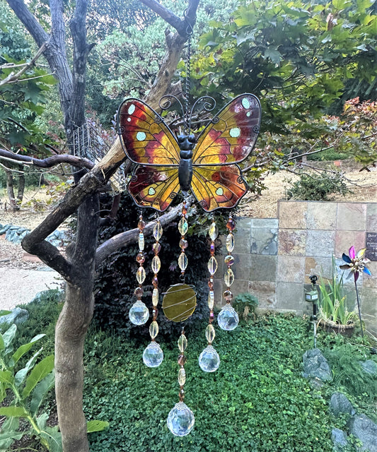 Topaz and Yellow Butterfly Suncatcher Mobile with Wire-Wrapped Centerpiece 🌞🦋✨
