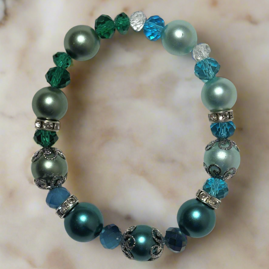 Vintage Teal and Light Blue Glass Pearl Bracelet