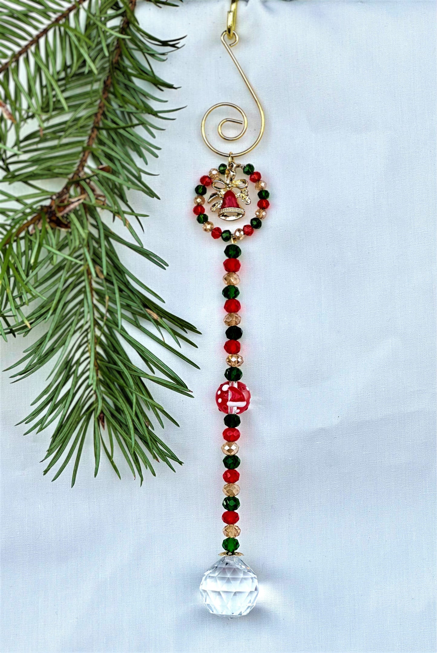 Red, Green and Gold Christmas Ornament with Red Bell and Glass Ball Santa Hat