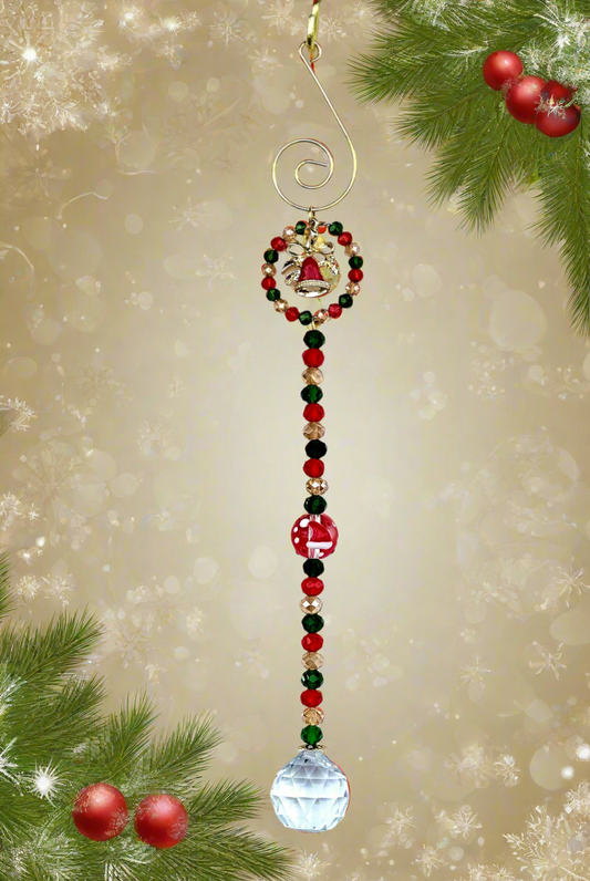 Red, Green and Gold Christmas Ornament with Red Bell and Glass Ball Santa Hat