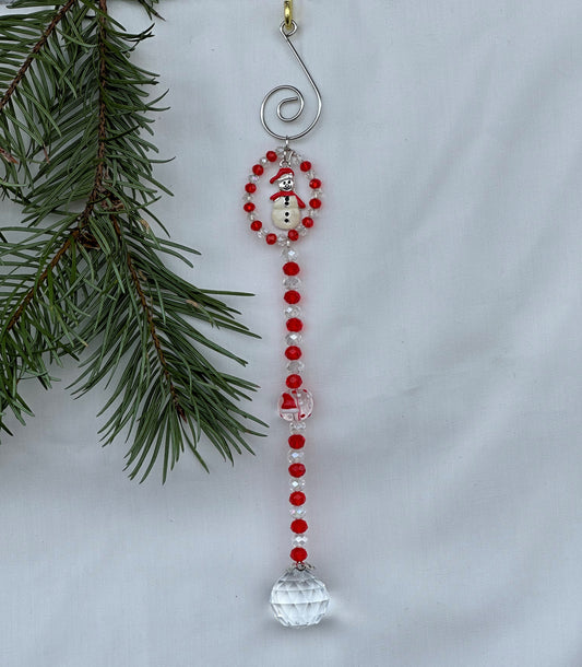 Red and Clear Crystal Christmas Ornament With Snowman Charm