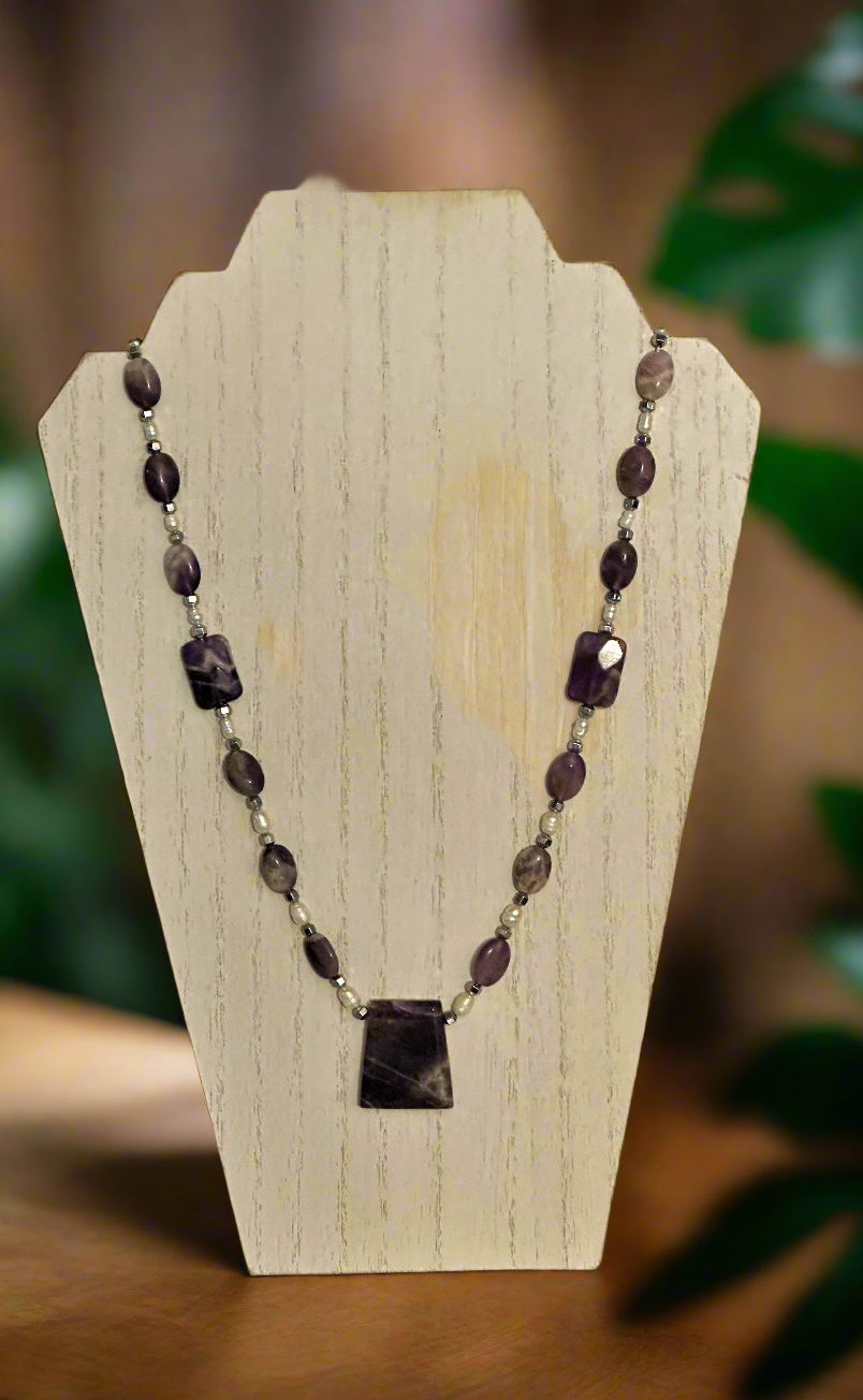 Amethyst, Hematite and Fresh Water Pearl Necklace
