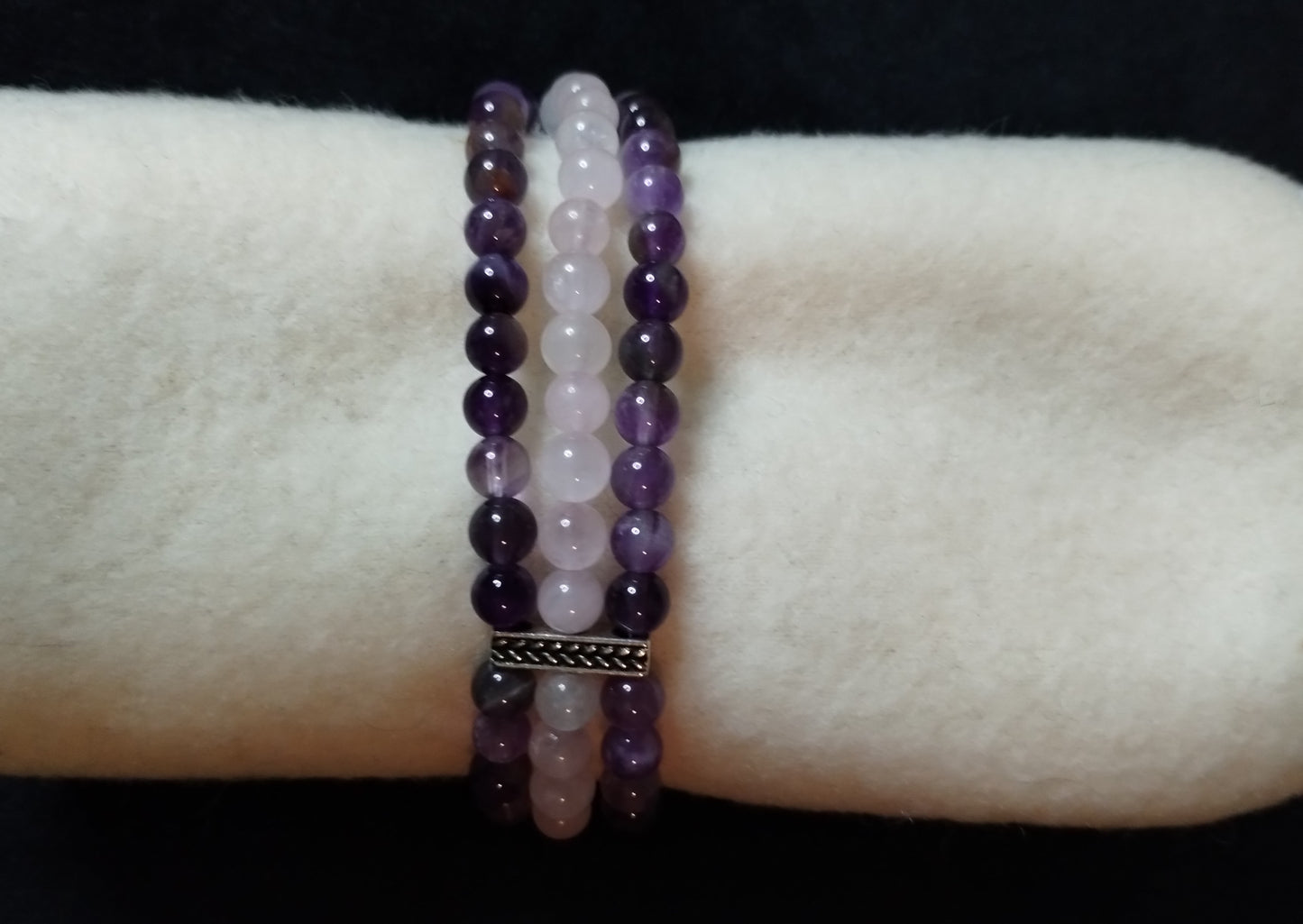 Three Strand Amethyst and Rose Quartz Bracelet