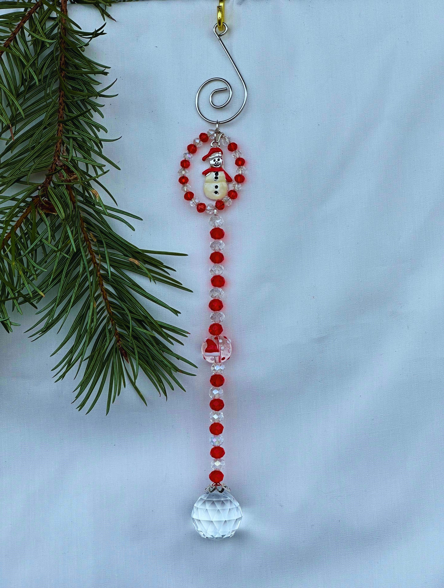 Red and Clear Crystal Christmas Ornament With Snowman Charm