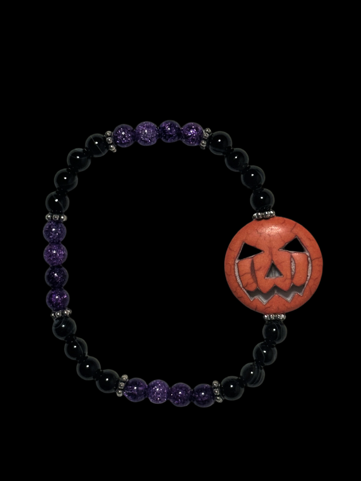 Black Striped Agate, Purple Crackle Quartz With a 25 mm Pumpkin Center Bead Bracelet