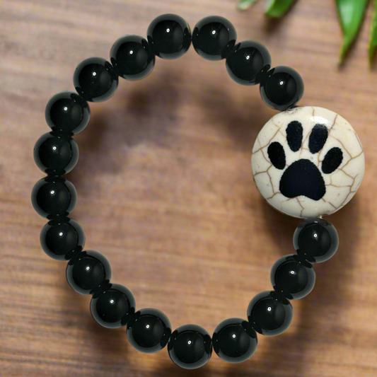 Black Jasper With Paw Print Lentil Bead Bracelet