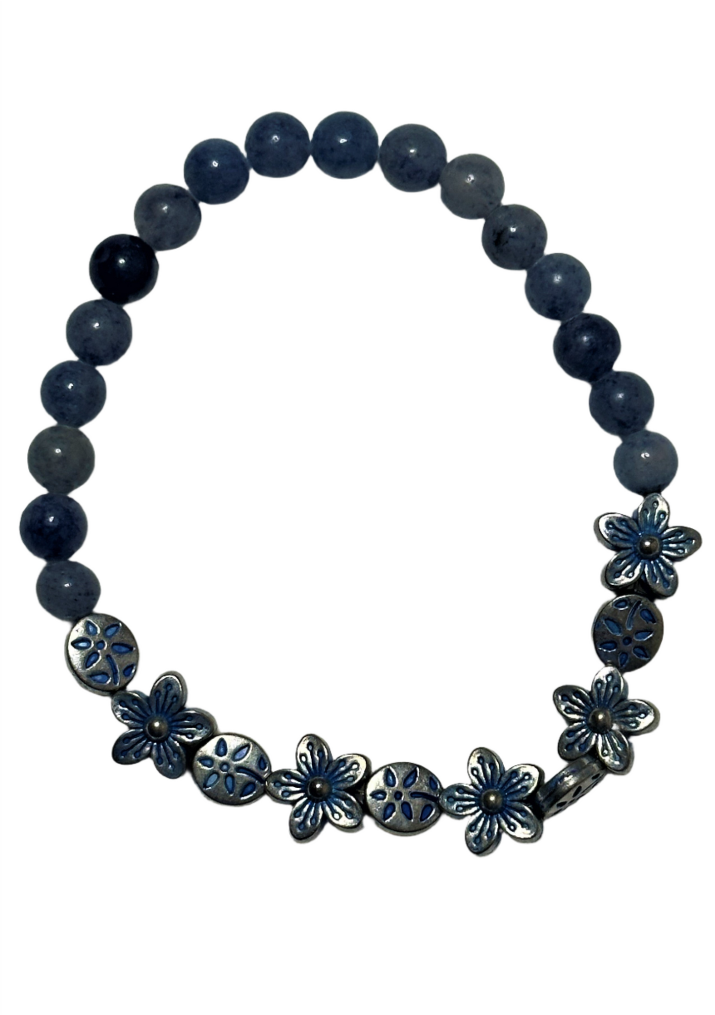 Blue Aventurine With Silver and Blue Flower Mix Bracelet